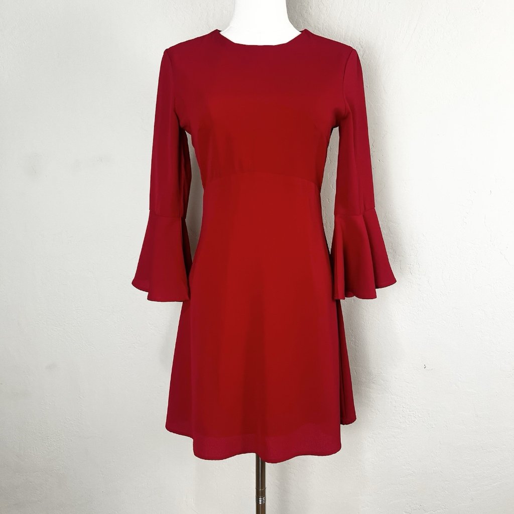 Lulus Center Of Attention Red Flounce Bell Sleeve Fit Flare 3/4 Sleeve Dress Xs